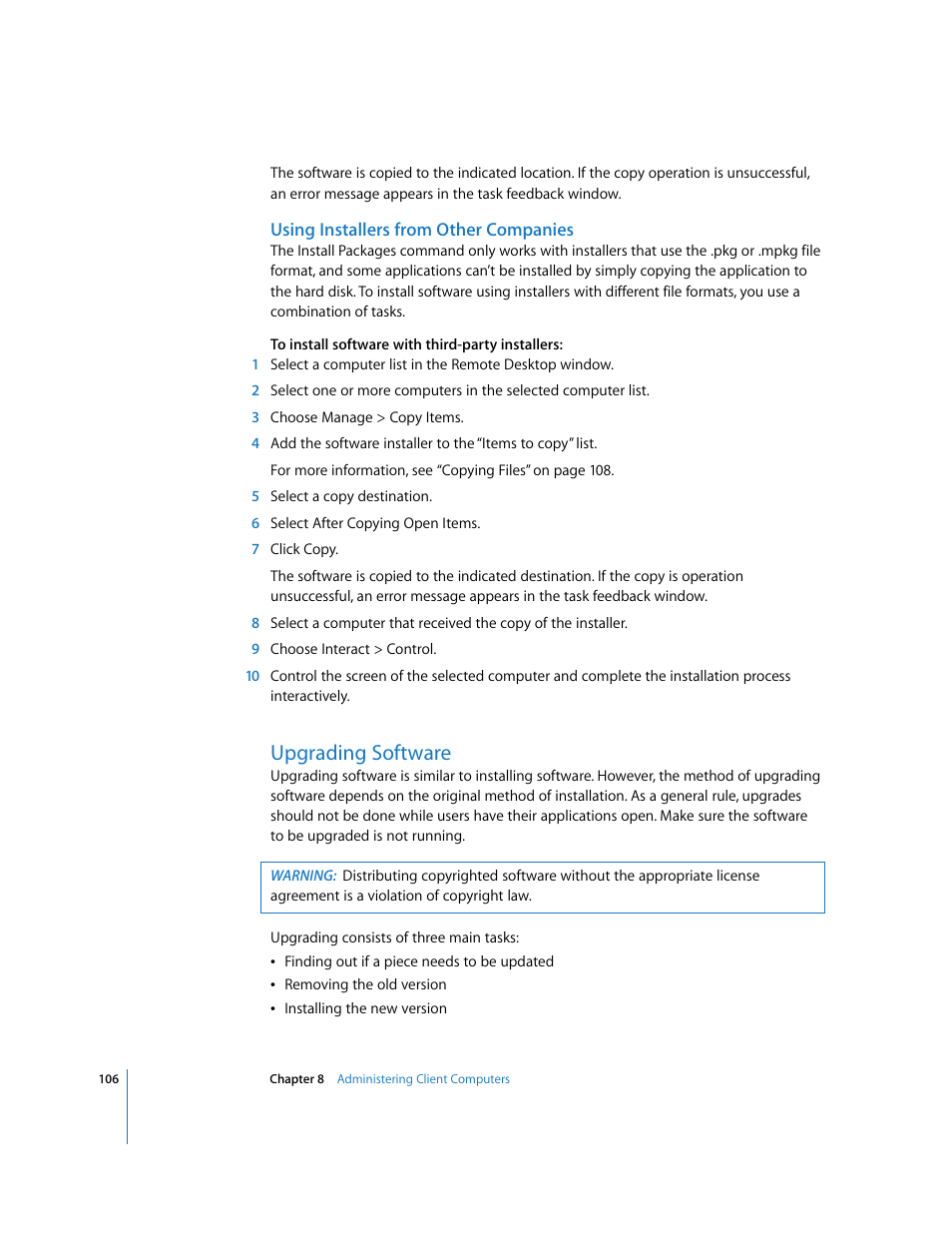 Using installers from other companies, Upgrading software | Apple Remote Desktop 3.1 User Manual | Page 106 / 191