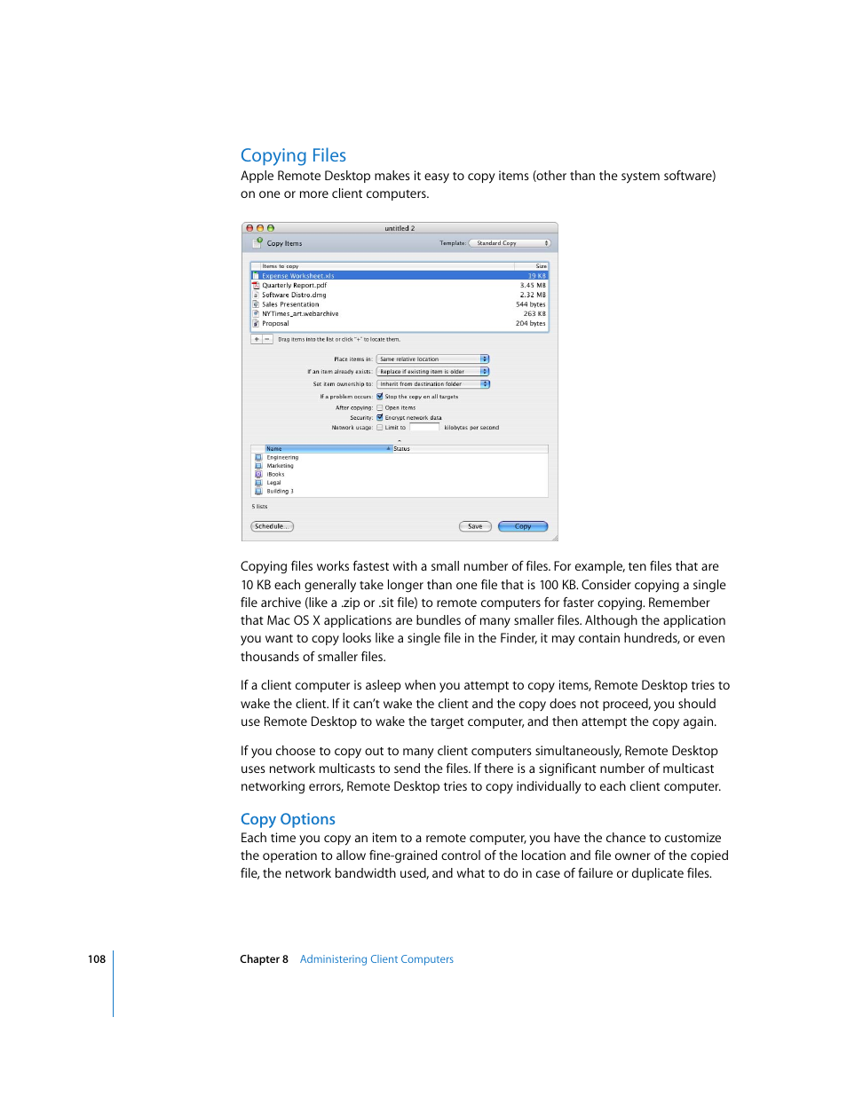 Copying files, Copy options | Apple Remote Desktop 3.1 User Manual | Page 108 / 191