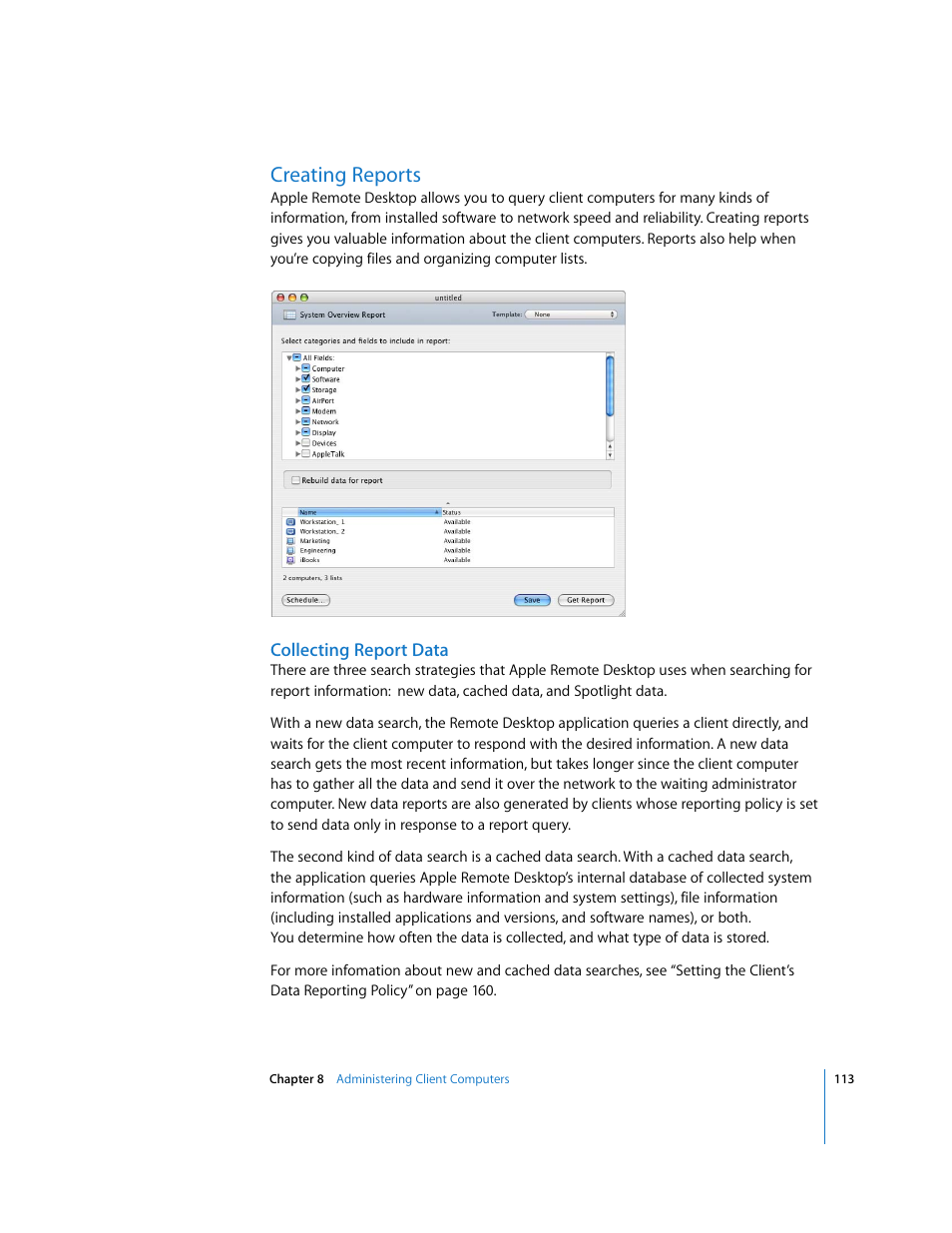 Creating reports, Collecting report data | Apple Remote Desktop 3.1 User Manual | Page 113 / 191