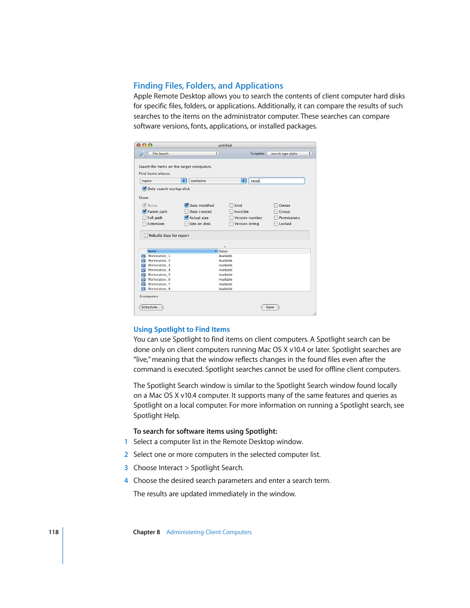 Finding files, folders, and applications | Apple Remote Desktop 3.1 User Manual | Page 118 / 191