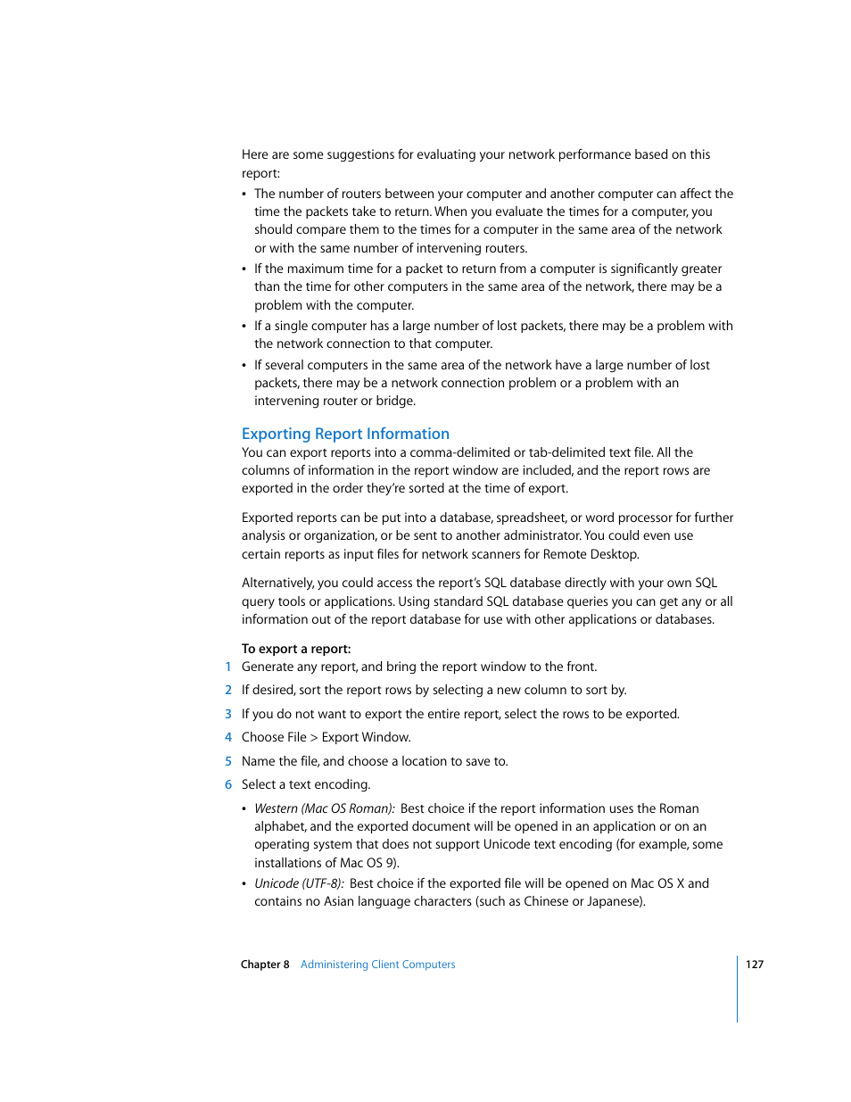 Exporting report information | Apple Remote Desktop 3.1 User Manual | Page 127 / 191