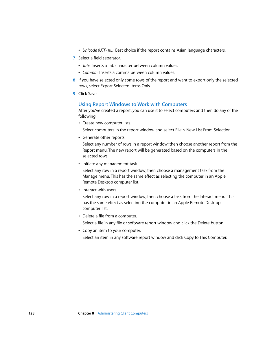 Using report windows to work with computers | Apple Remote Desktop 3.1 User Manual | Page 128 / 191