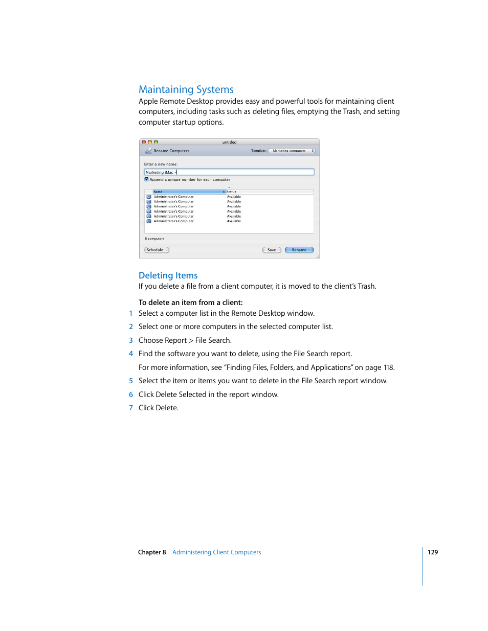 Maintaining systems, Deleting items | Apple Remote Desktop 3.1 User Manual | Page 129 / 191