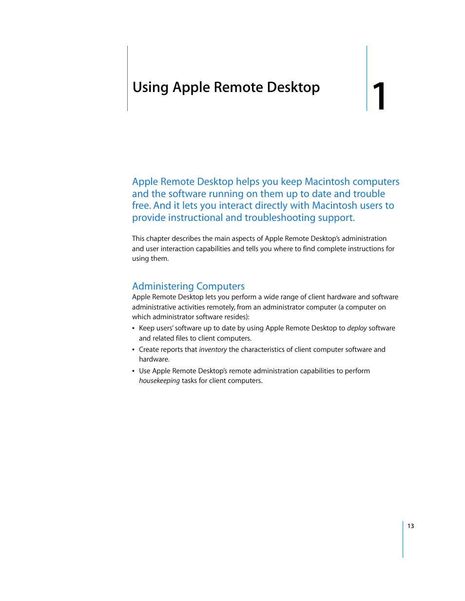 Using apple remote desktop, Administering computers, Chapter 1 | Apple Remote Desktop 3.1 User Manual | Page 13 / 191