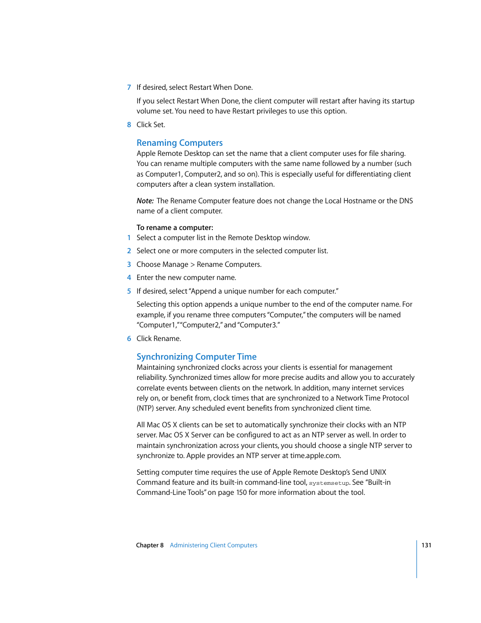 Renaming computers, Synchronizing computer time | Apple Remote Desktop 3.1 User Manual | Page 131 / 191