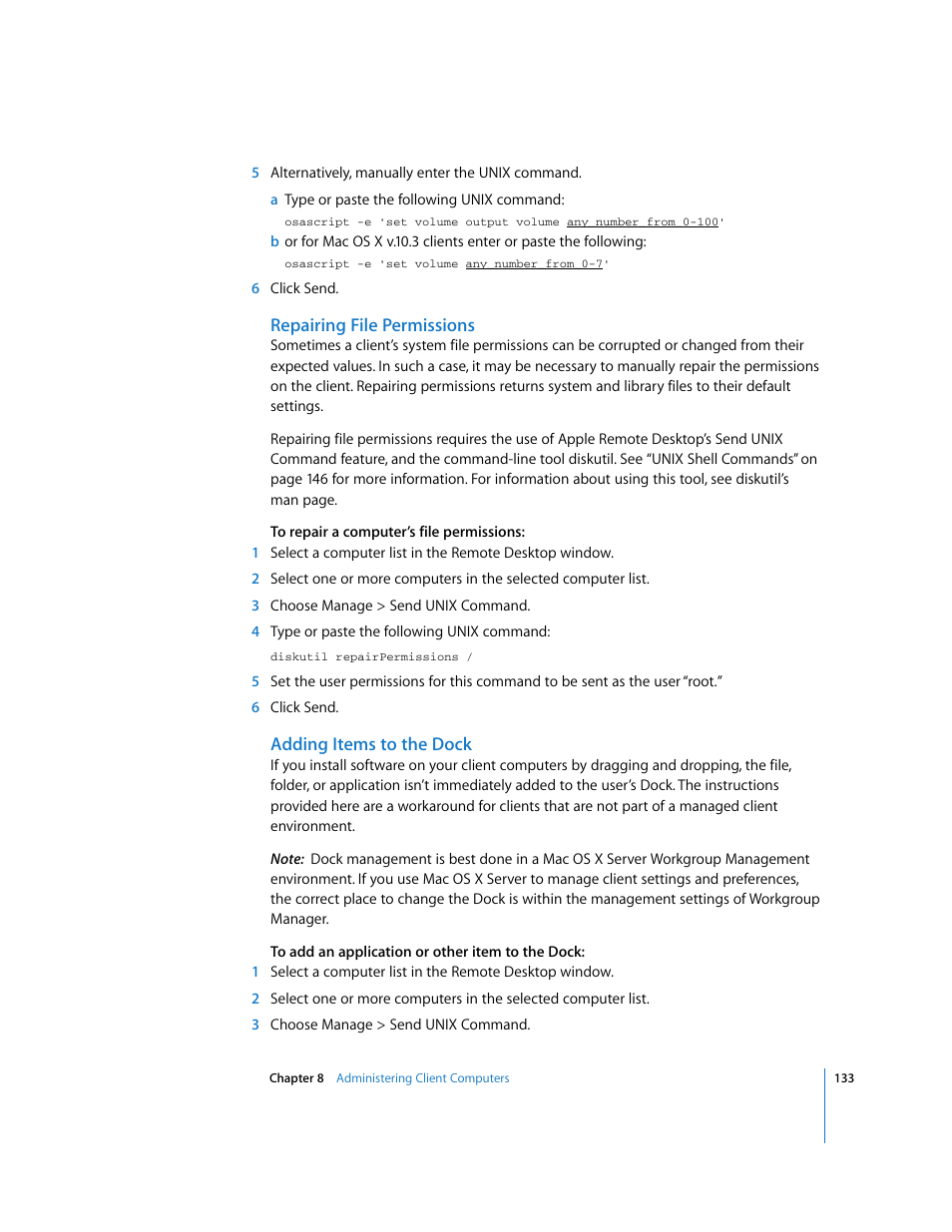 Repairing file permissions, Adding items to the dock | Apple Remote Desktop 3.1 User Manual | Page 133 / 191