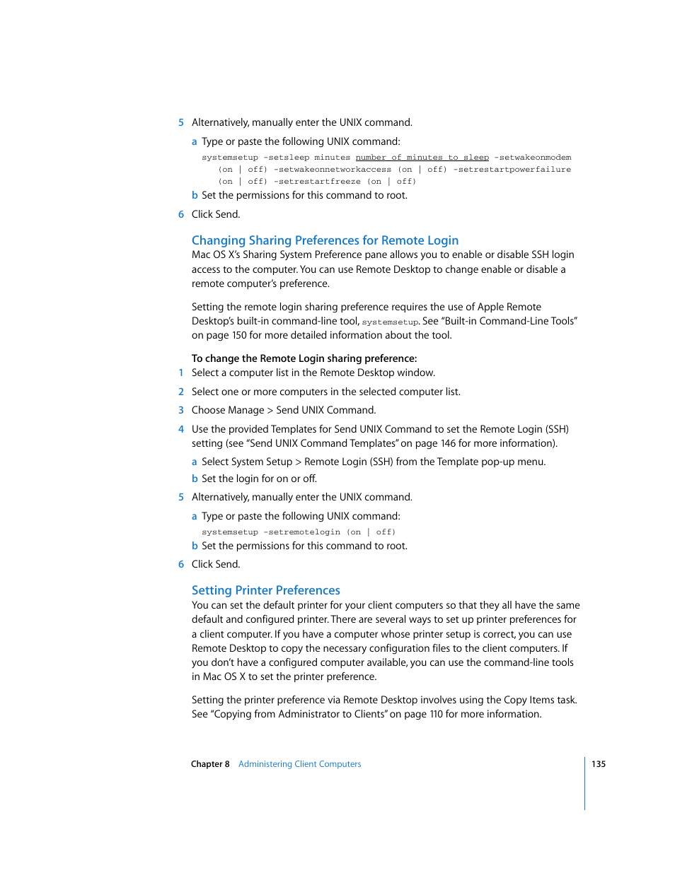Changing sharing preferences for remote login, Setting printer preferences | Apple Remote Desktop 3.1 User Manual | Page 135 / 191