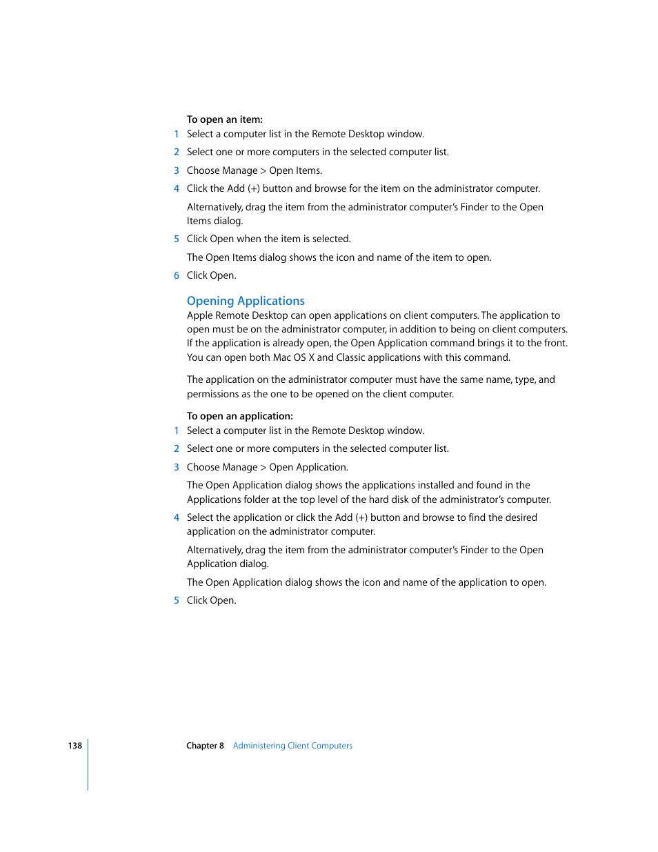 Opening applications | Apple Remote Desktop 3.1 User Manual | Page 138 / 191