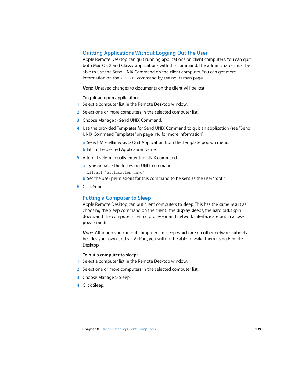 Quitting applications without logging out the user, Putting a computer to sleep | Apple Remote Desktop 3.1 User Manual | Page 139 / 191