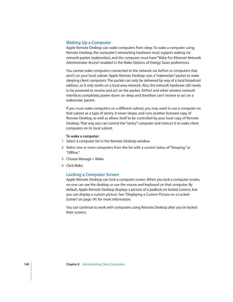 Waking up a computer, Locking a computer screen | Apple Remote Desktop 3.1 User Manual | Page 140 / 191