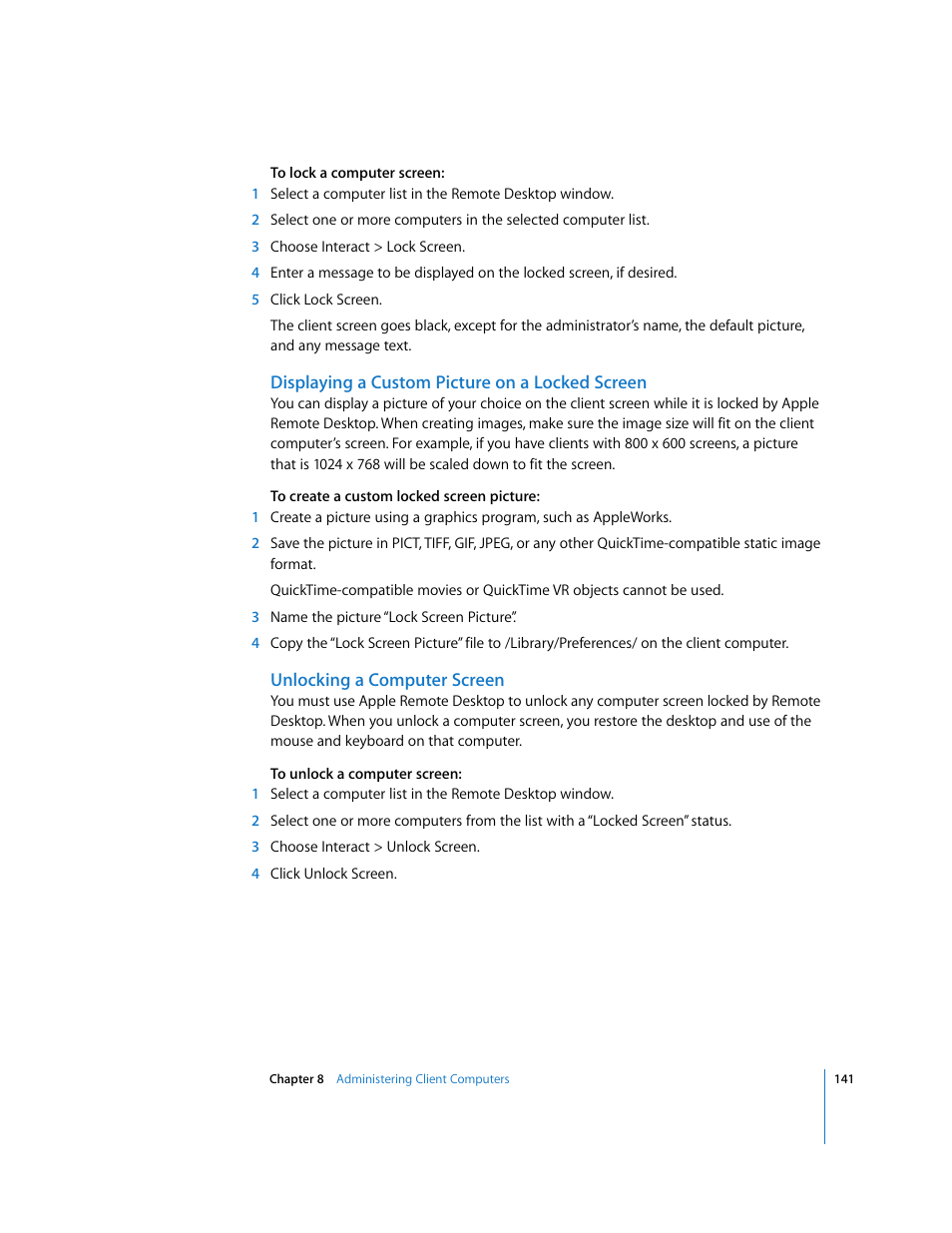 Displaying a custom picture on a locked screen, Unlocking a computer screen | Apple Remote Desktop 3.1 User Manual | Page 141 / 191