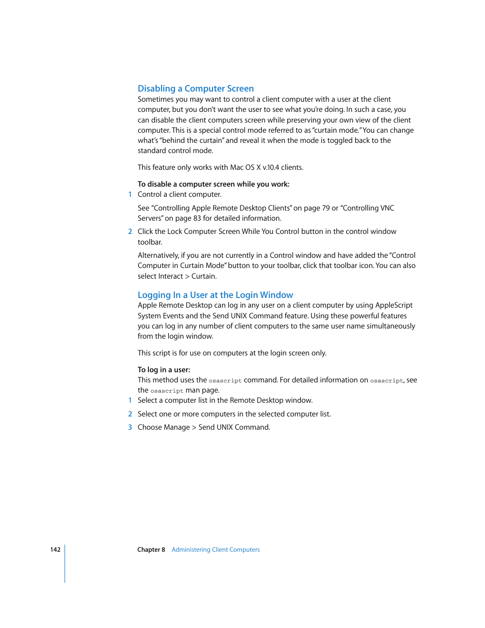 Disabling a computer screen, Logging in a user at the login window | Apple Remote Desktop 3.1 User Manual | Page 142 / 191