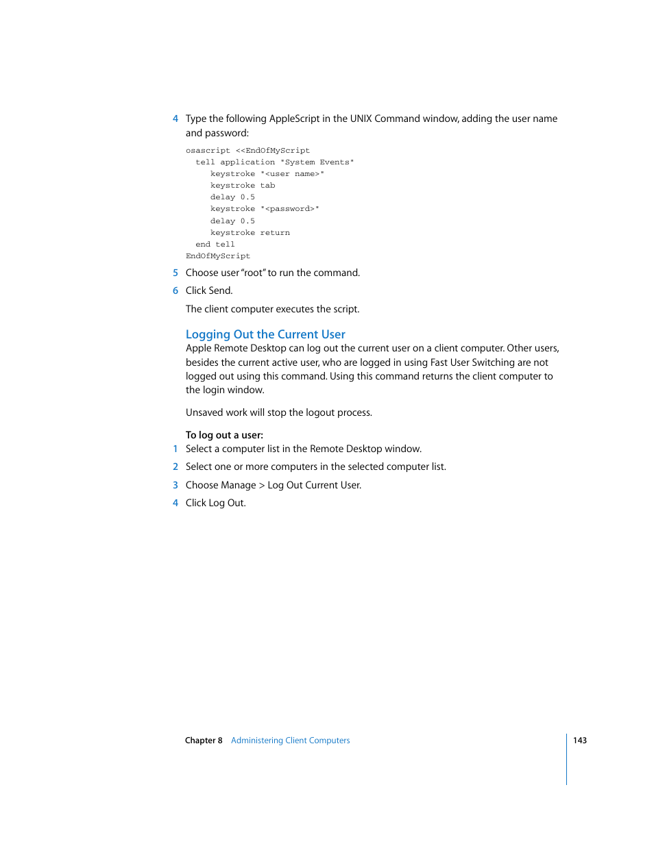 Logging out the current user | Apple Remote Desktop 3.1 User Manual | Page 143 / 191