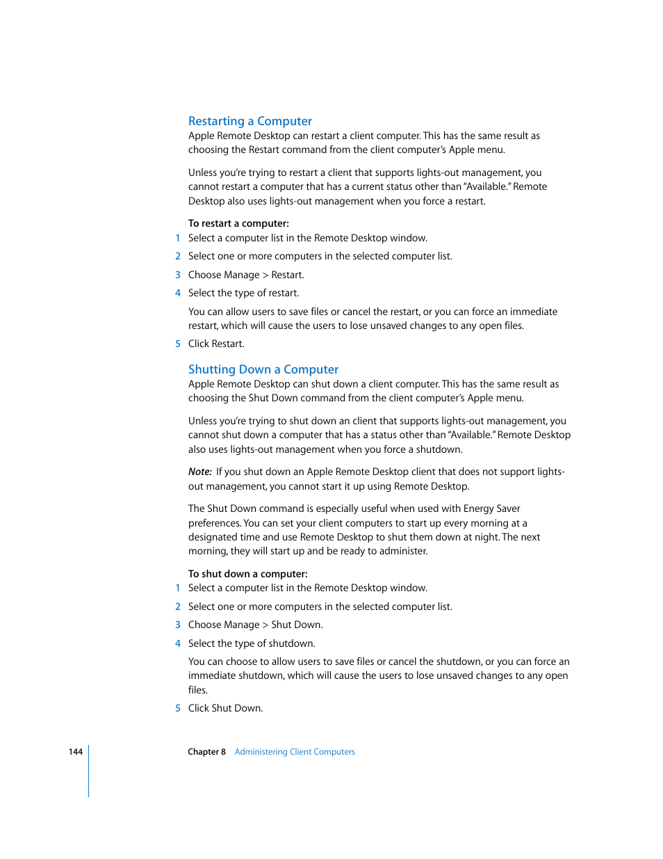 Restarting a computer, Shutting down a computer | Apple Remote Desktop 3.1 User Manual | Page 144 / 191