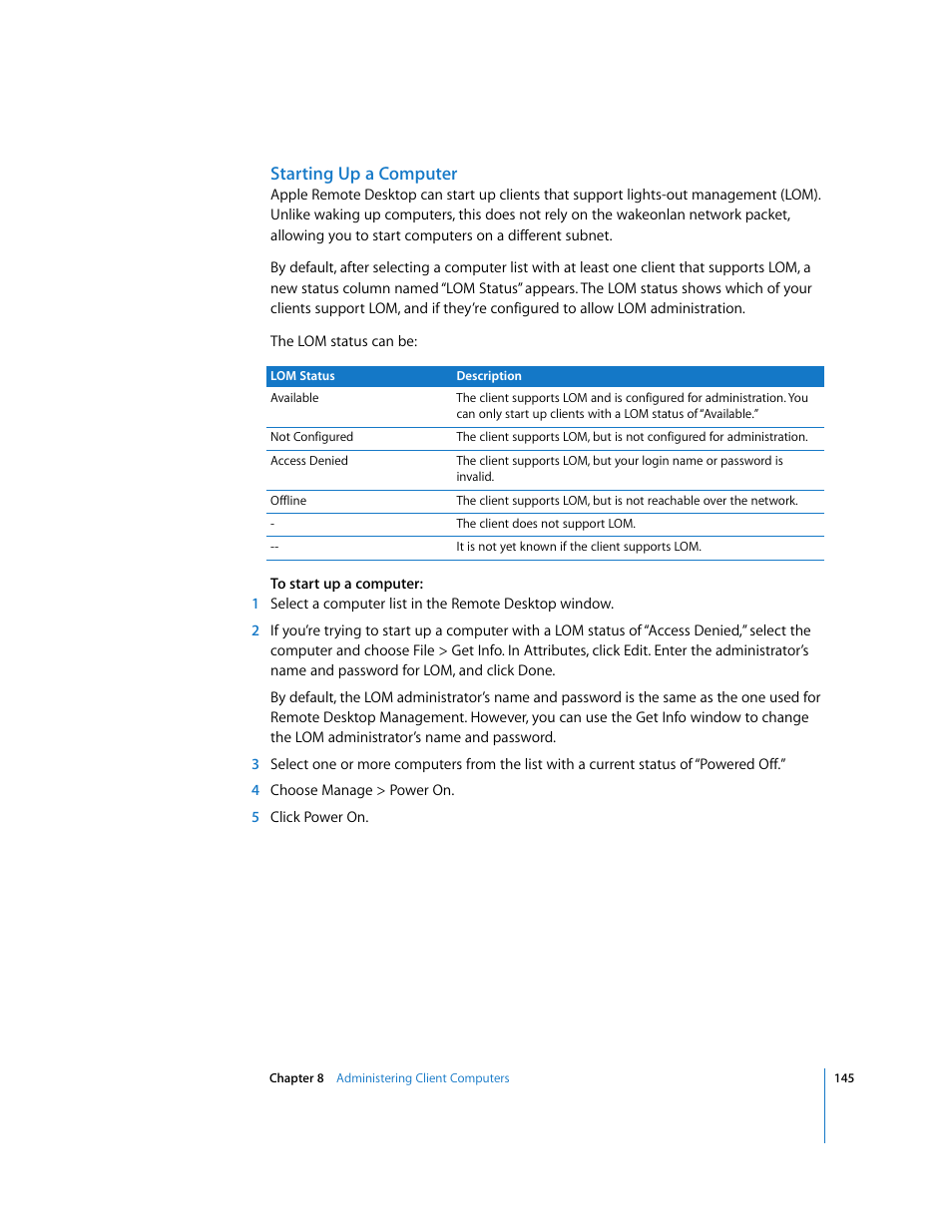 Starting up a computer | Apple Remote Desktop 3.1 User Manual | Page 145 / 191