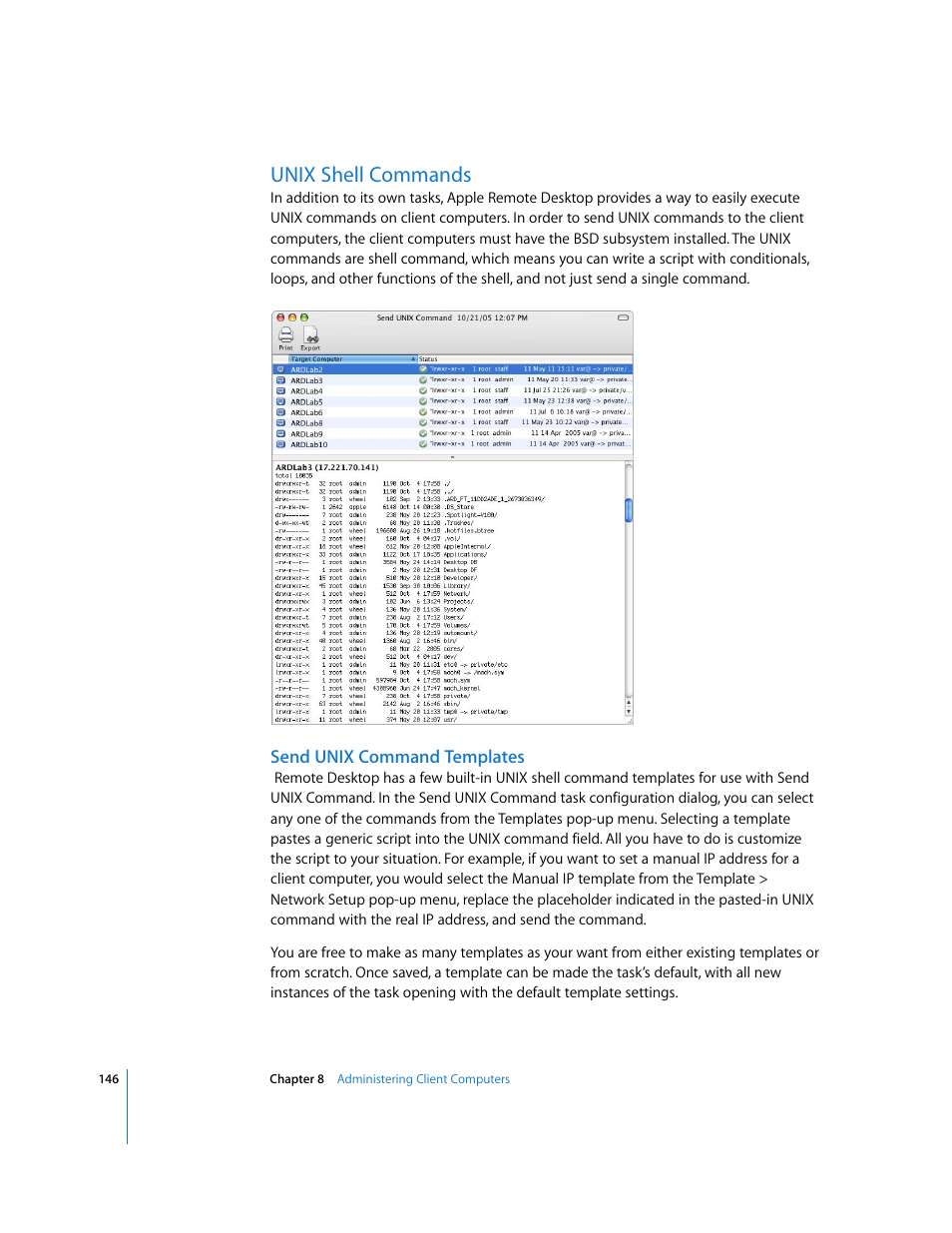 Unix shell commands, Send unix command templates, Ee “unix shell | Apple Remote Desktop 3.1 User Manual | Page 146 / 191