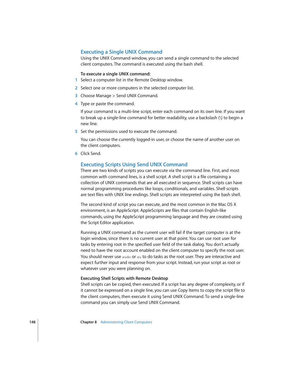 Executing a single unix command, Executing scripts using send unix command | Apple Remote Desktop 3.1 User Manual | Page 148 / 191