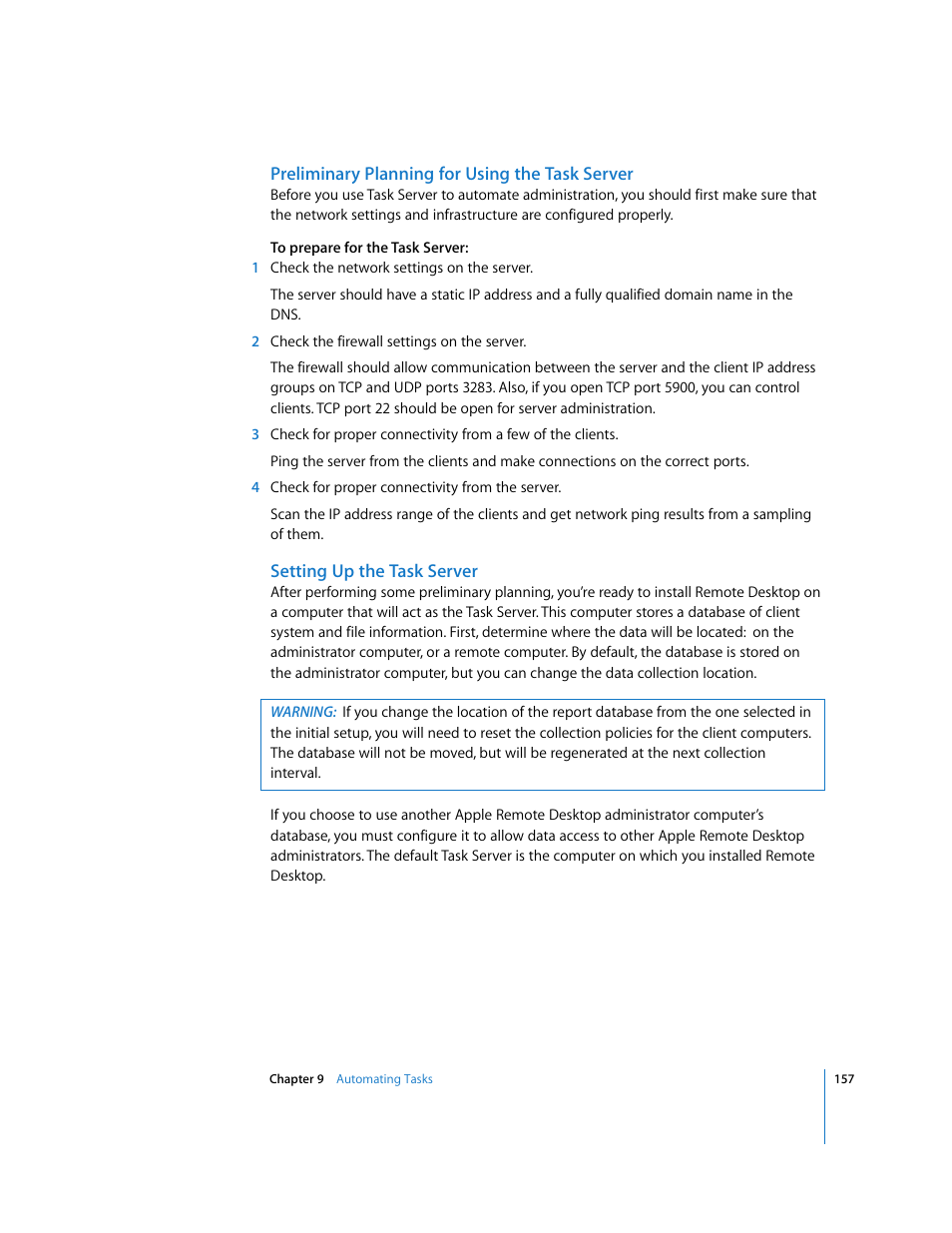 Preliminary planning for using the task server, Setting up the task server | Apple Remote Desktop 3.1 User Manual | Page 157 / 191