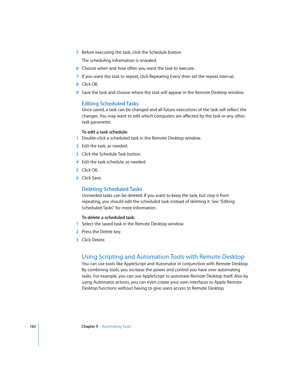 Editing scheduled tasks, Deleting scheduled tasks | Apple Remote Desktop 3.1 User Manual | Page 162 / 191