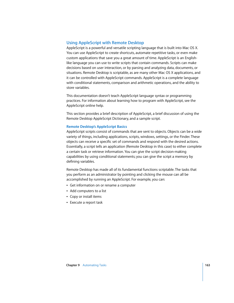 Using applescript with remote desktop | Apple Remote Desktop 3.1 User Manual | Page 163 / 191