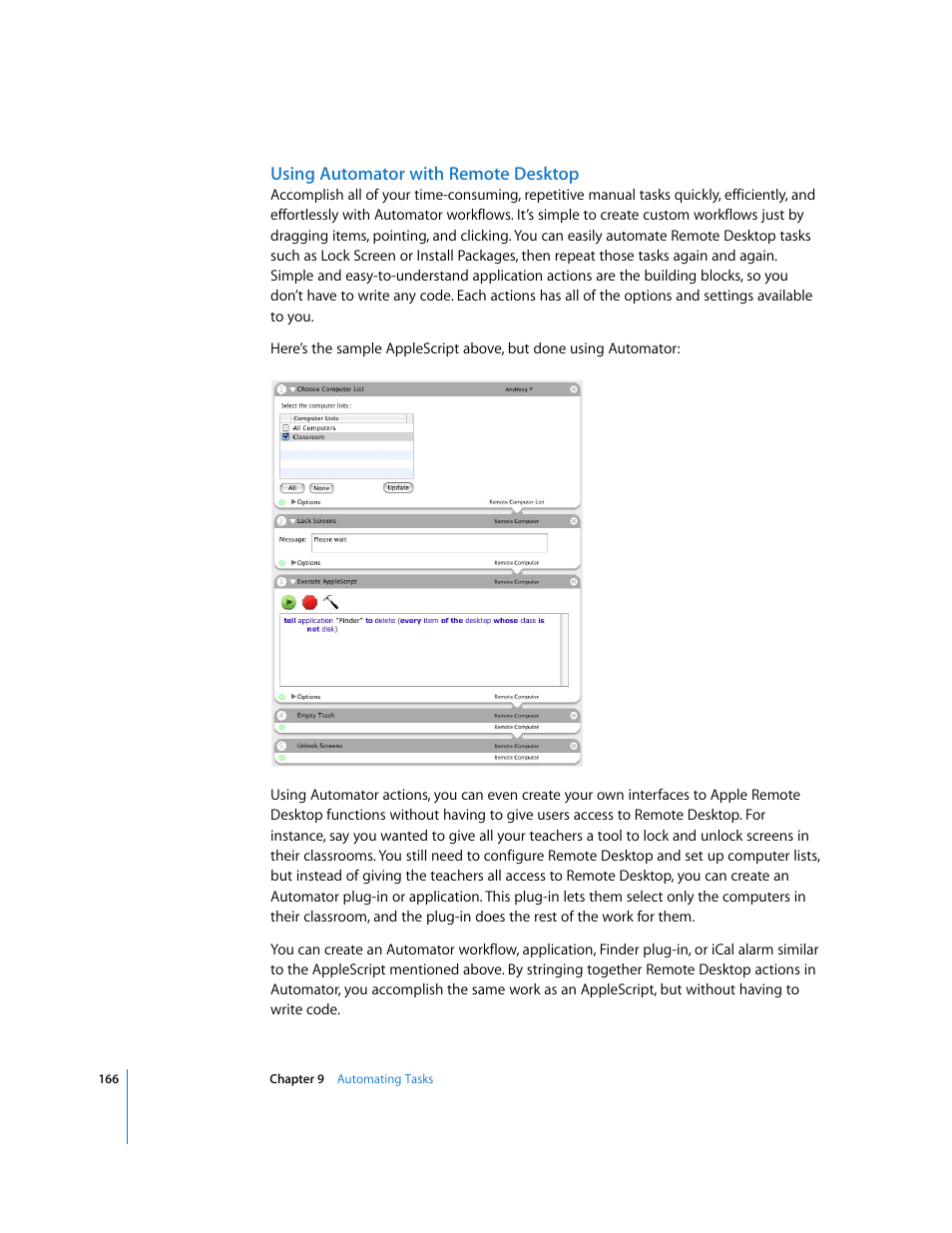 Using automator with remote desktop | Apple Remote Desktop 3.1 User Manual | Page 166 / 191