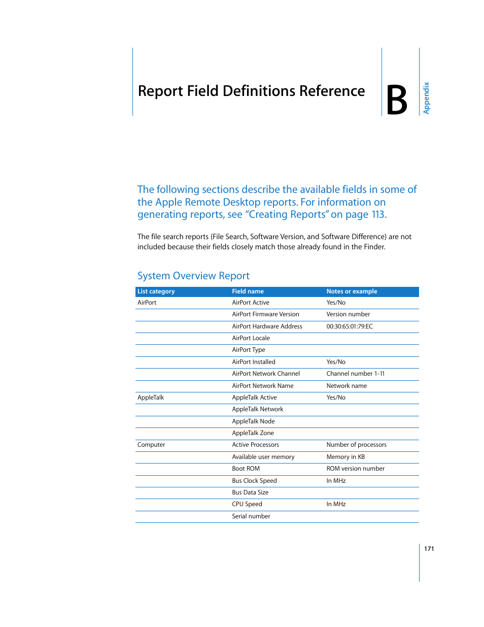 Report field definitions reference, System overview report, Appendix b | Apple Remote Desktop 3.1 User Manual | Page 171 / 191