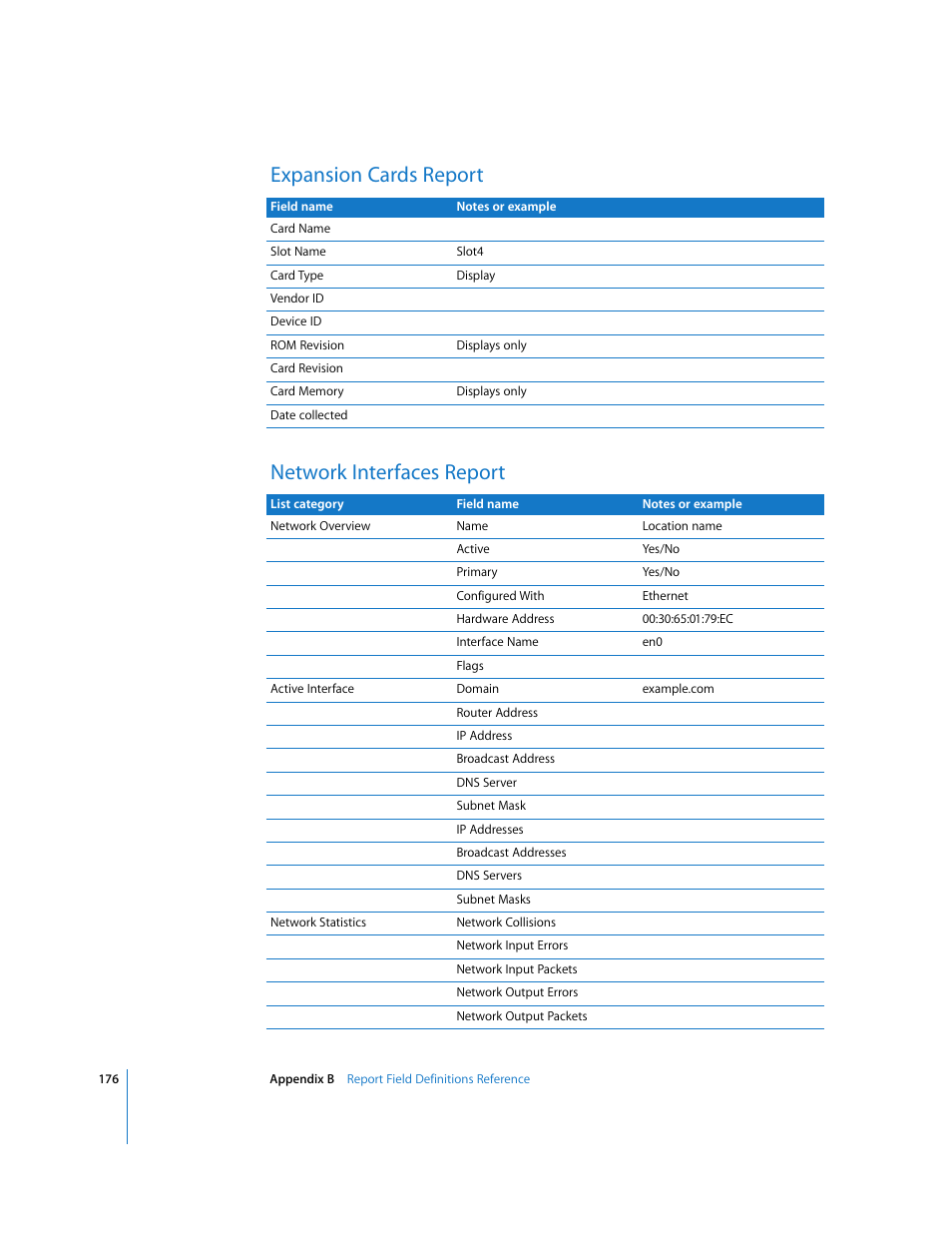 Expansion cards report, Network interfaces report, Expansion cards report network interfaces report | Apple Remote Desktop 3.1 User Manual | Page 176 / 191