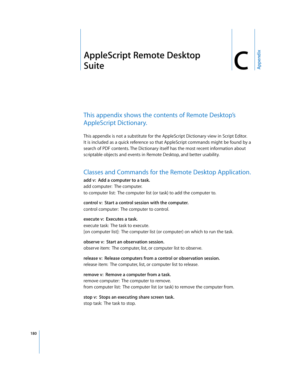 Applescript remote desktop suite, Appendix c | Apple Remote Desktop 3.1 User Manual | Page 180 / 191