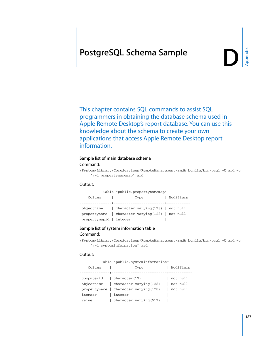 Postgresql schema sample, Appendix d | Apple Remote Desktop 3.1 User Manual | Page 187 / 191