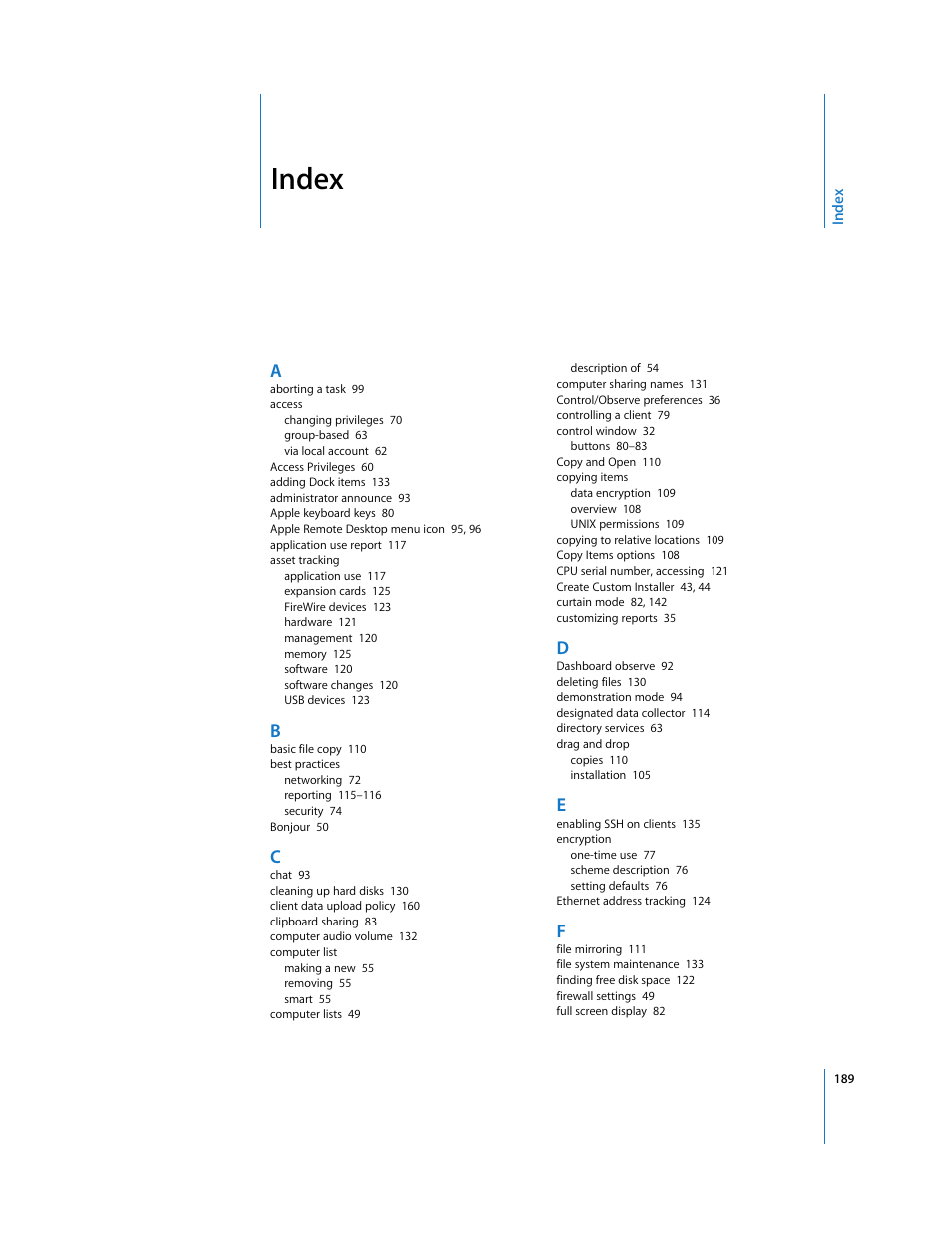 Index | Apple Remote Desktop 3.1 User Manual | Page 189 / 191