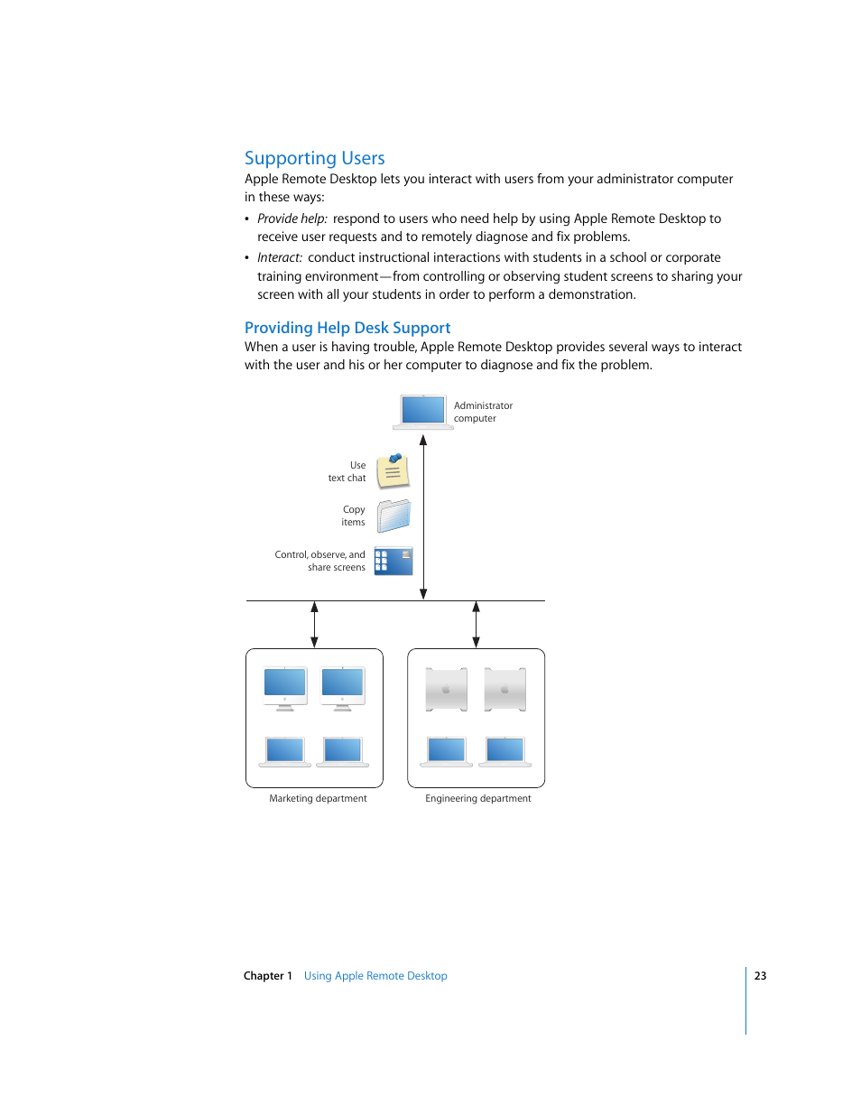 Supporting users, Providing help desk support | Apple Remote Desktop 3.1 User Manual | Page 23 / 191