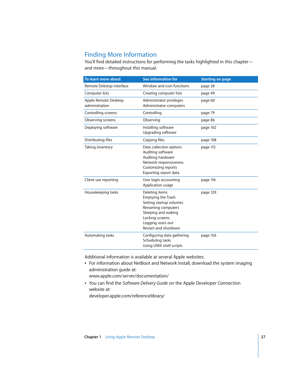 Finding more information | Apple Remote Desktop 3.1 User Manual | Page 27 / 191