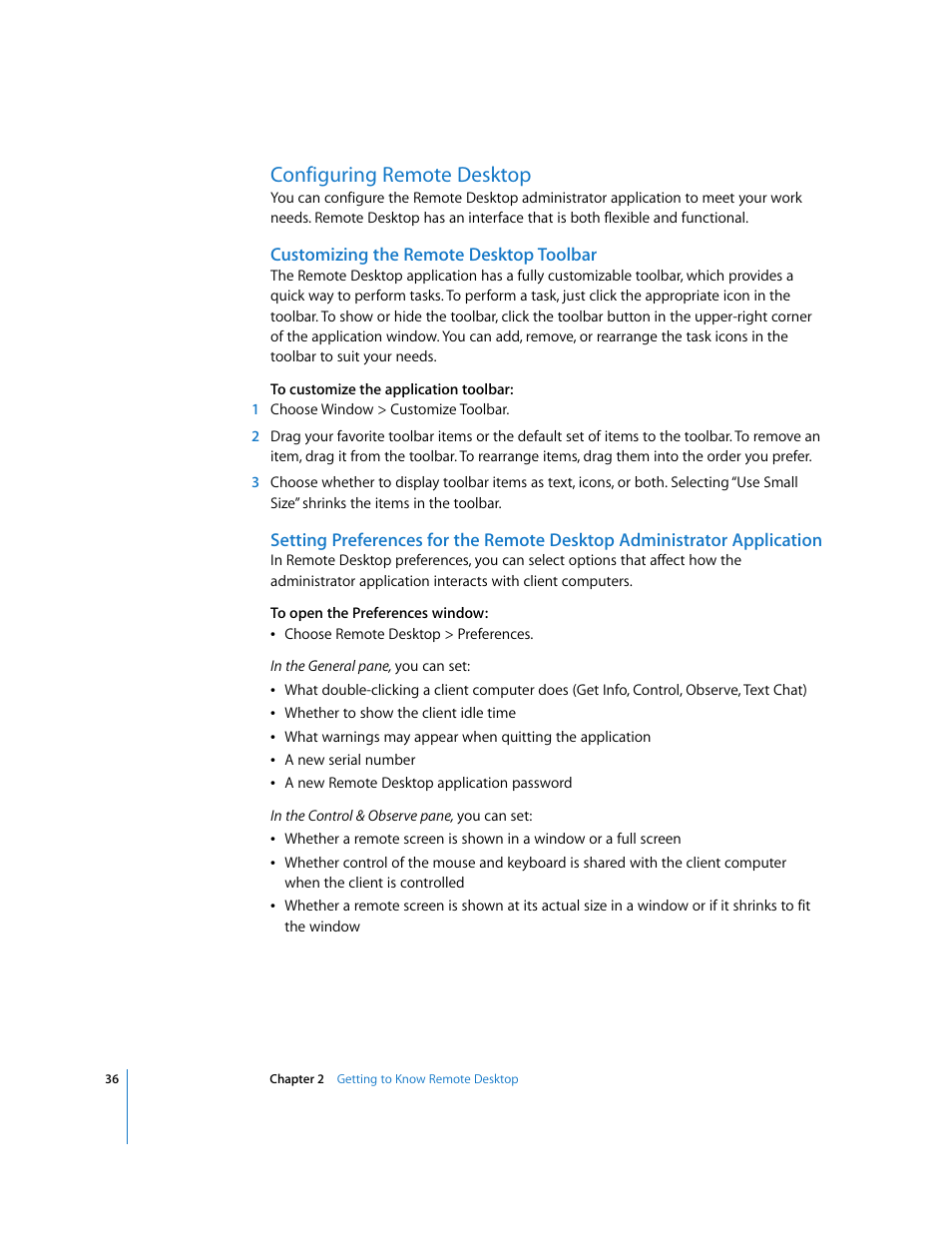 Configuring remote desktop, Customizing the remote desktop toolbar | Apple Remote Desktop 3.1 User Manual | Page 36 / 191