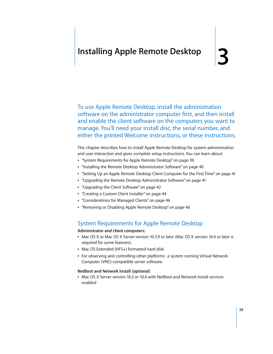 Installing apple remote desktop, System requirements for apple remote desktop, Chapter 3 | Apple Remote Desktop 3.1 User Manual | Page 39 / 191