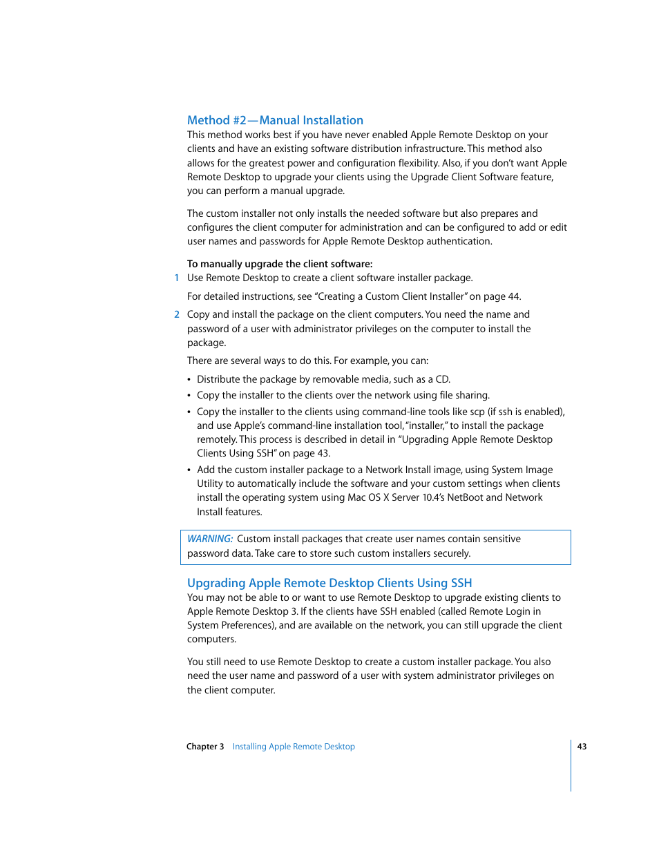Method #2—manual installation, Upgrading apple remote desktop clients using ssh | Apple Remote Desktop 3.1 User Manual | Page 43 / 191