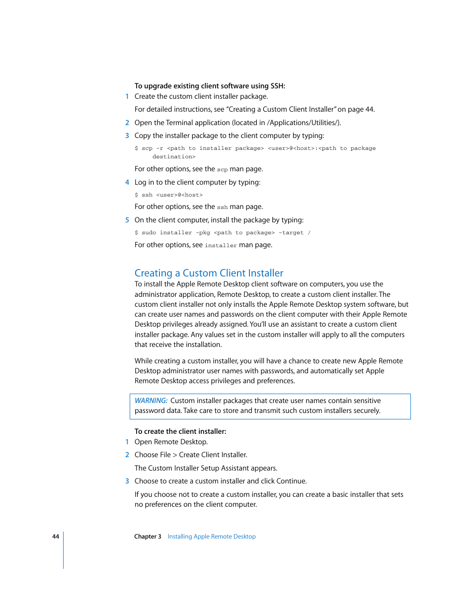 Creating a custom client installer | Apple Remote Desktop 3.1 User Manual | Page 44 / 191