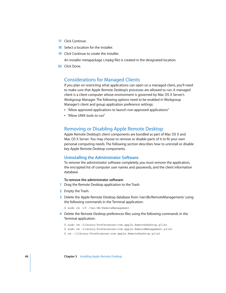 Considerations for managed clients, Removing or disabling apple remote desktop, Uninstalling the administrator software | Apple Remote Desktop 3.1 User Manual | Page 46 / 191
