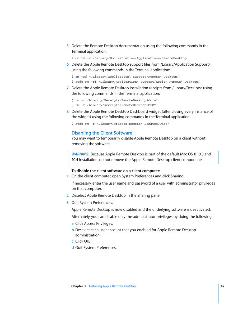 Disabling the client software | Apple Remote Desktop 3.1 User Manual | Page 47 / 191