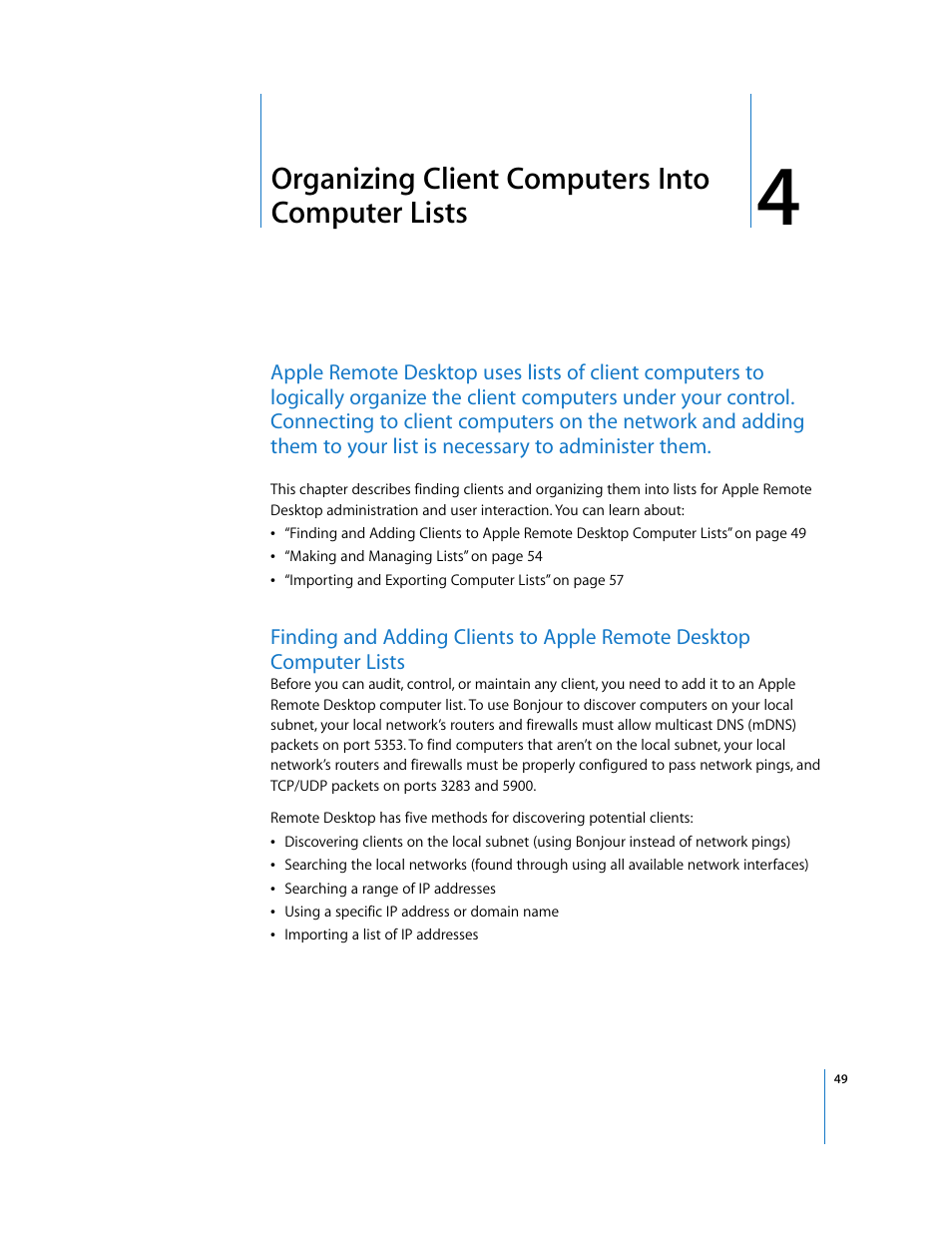 Organizing client computers into computer lists, Chapter 4 | Apple Remote Desktop 3.1 User Manual | Page 49 / 191