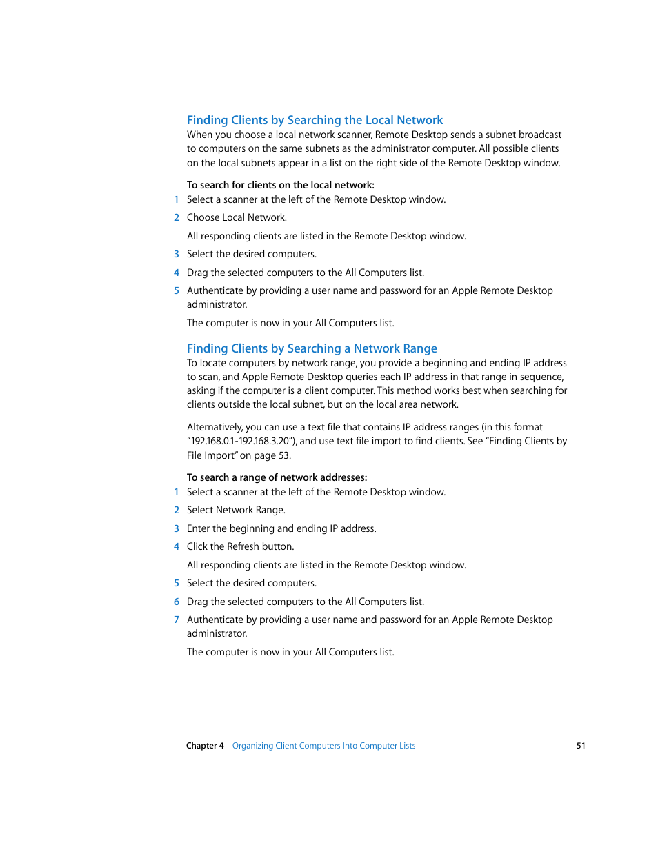 Finding clients by searching the local network, Finding clients by searching a network range | Apple Remote Desktop 3.1 User Manual | Page 51 / 191