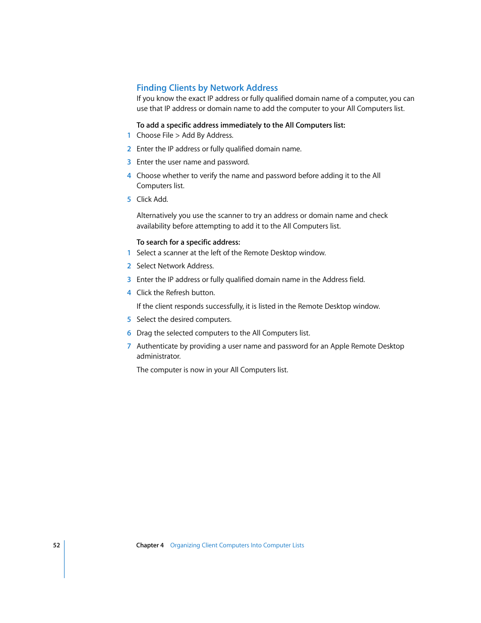 Finding clients by network address | Apple Remote Desktop 3.1 User Manual | Page 52 / 191
