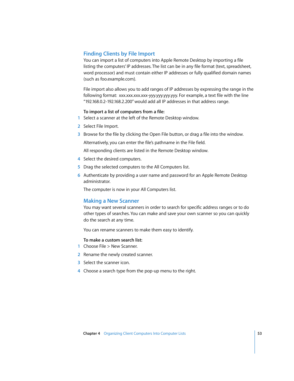 Finding clients by file import, Making a new scanner | Apple Remote Desktop 3.1 User Manual | Page 53 / 191