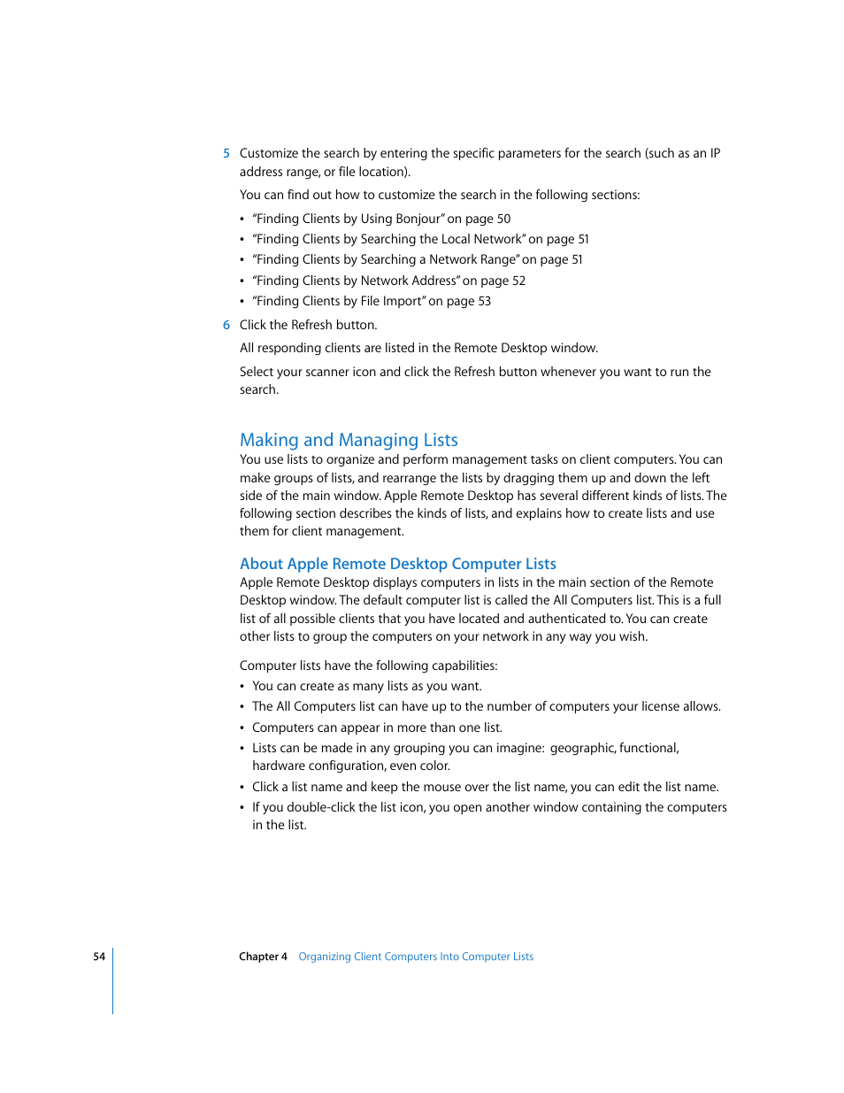 Making and managing lists, About apple remote desktop computer lists | Apple Remote Desktop 3.1 User Manual | Page 54 / 191