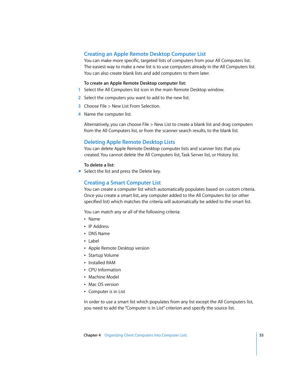 Creating an apple remote desktop computer list, Deleting apple remote desktop lists, Creating a smart computer list | Apple Remote Desktop 3.1 User Manual | Page 55 / 191