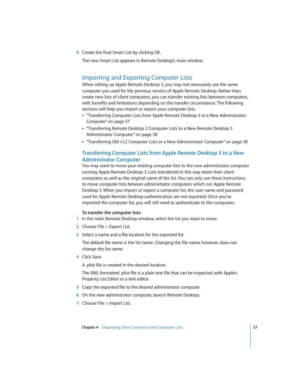 Importing and exporting computer lists | Apple Remote Desktop 3.1 User Manual | Page 57 / 191