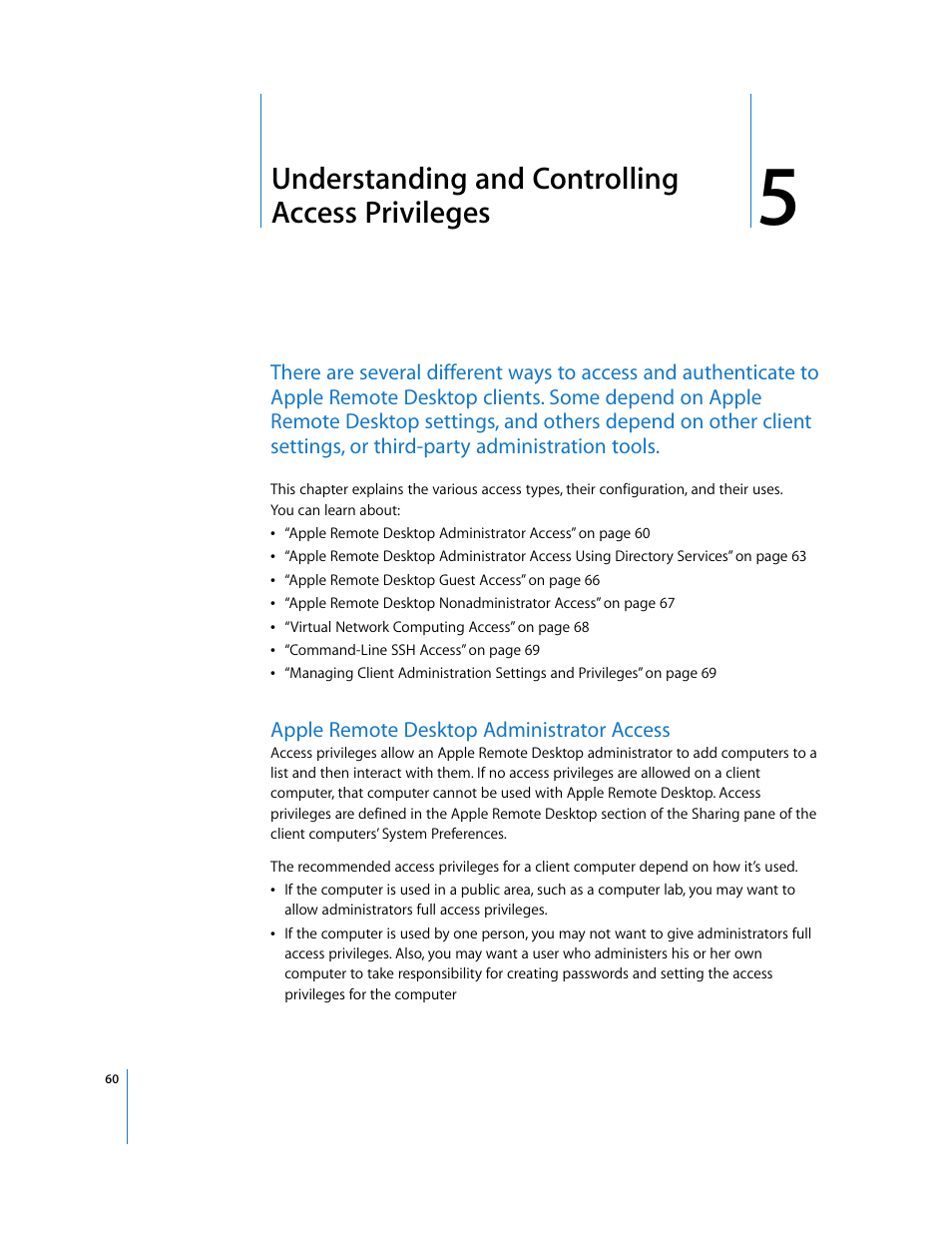 Understanding and controlling access privileges, Apple remote desktop administrator access, Chapter 5 | Apple Remote Desktop 3.1 User Manual | Page 60 / 191