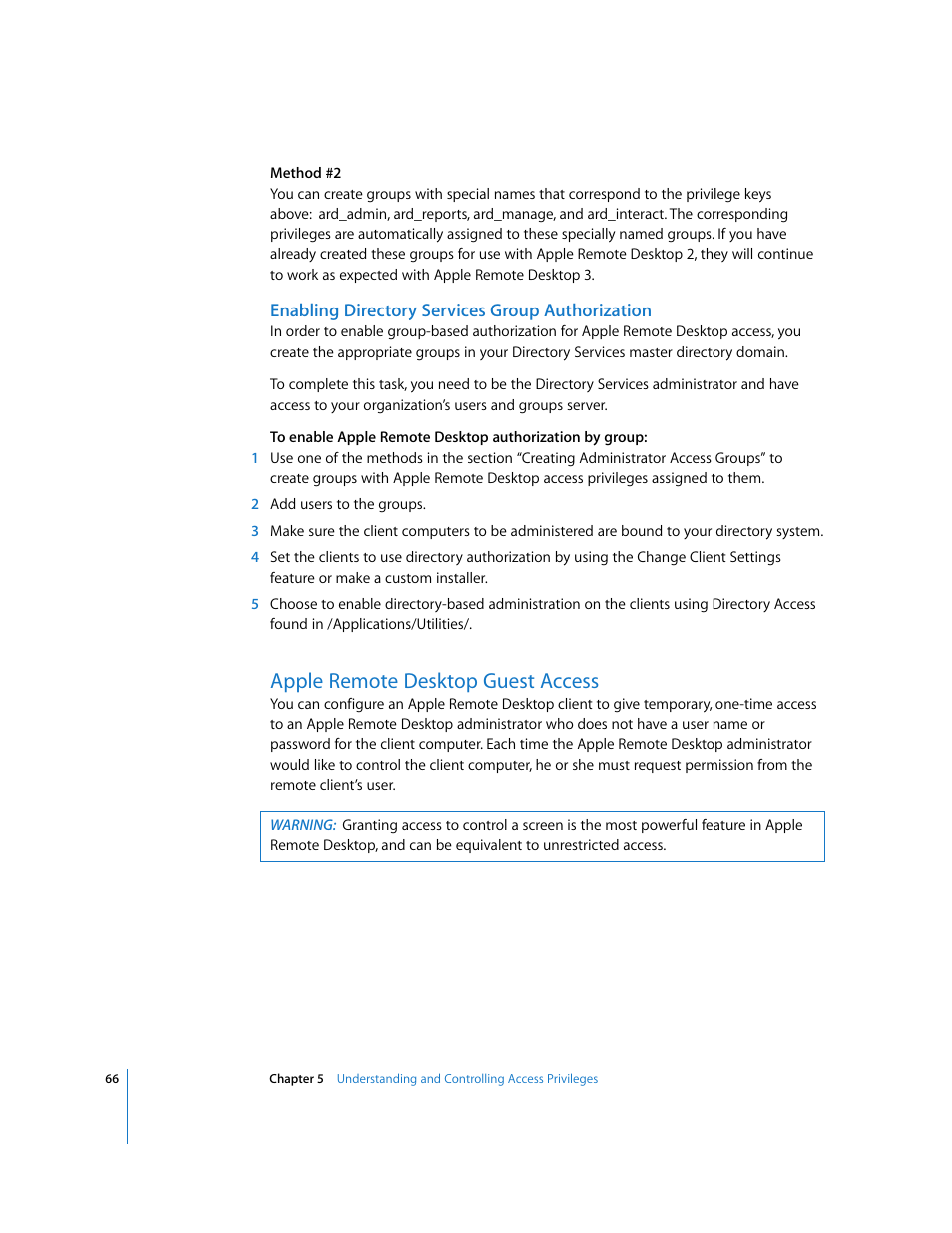 Enabling directory services group authorization, Apple remote desktop guest access | Apple Remote Desktop 3.1 User Manual | Page 66 / 191