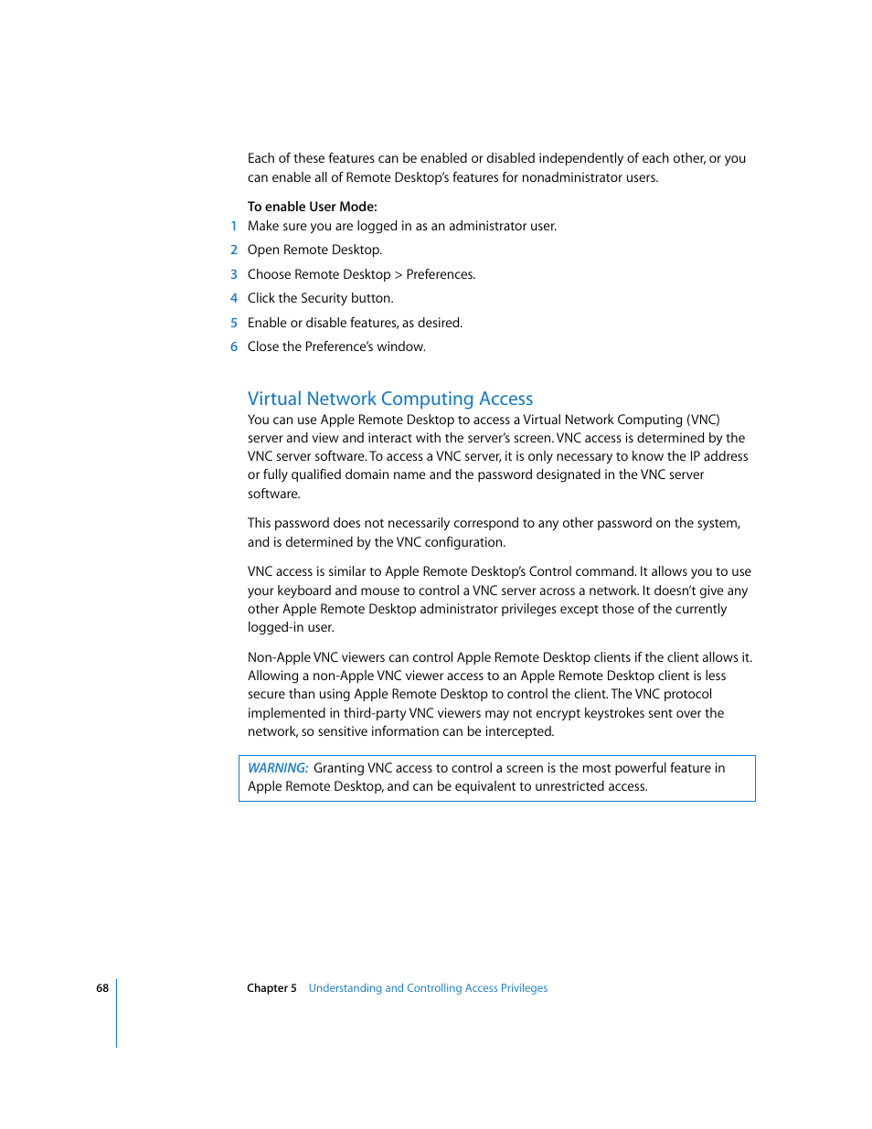 Virtual network computing access | Apple Remote Desktop 3.1 User Manual | Page 68 / 191