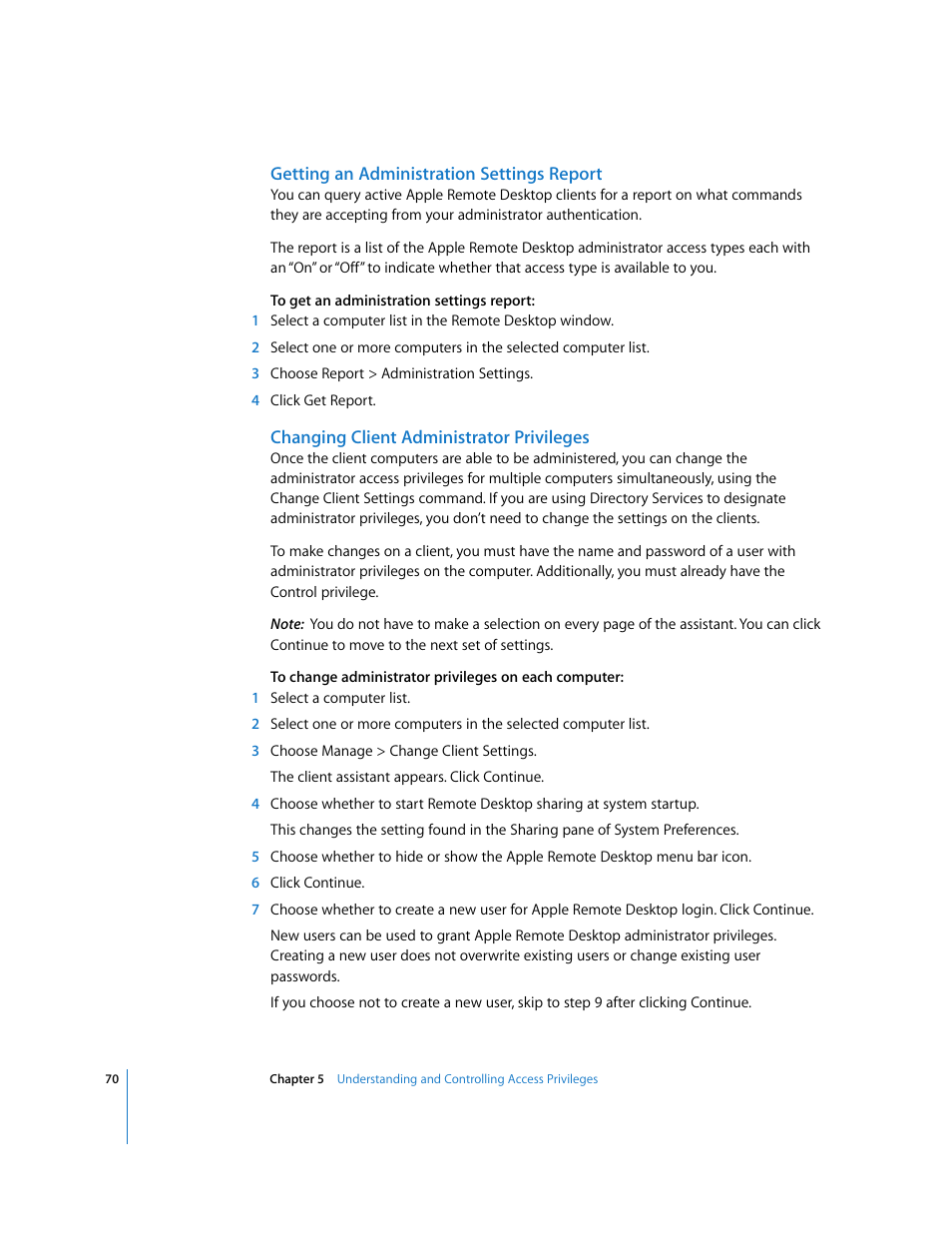 Getting an administration settings report, Changing client administrator privileges | Apple Remote Desktop 3.1 User Manual | Page 70 / 191