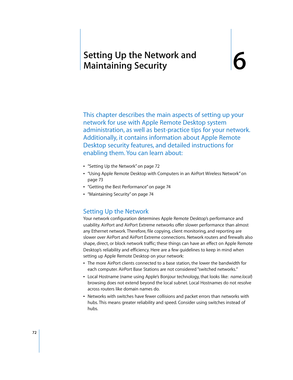 Setting up the network and maintaining security, Setting up the network, Chapter 6 | Apple Remote Desktop 3.1 User Manual | Page 72 / 191